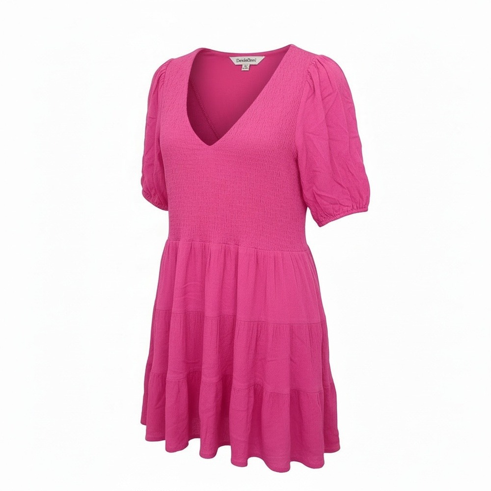 Davi & Dani Hot Pink Smocked Tiered Mini Dress DT10115 V-Neck Puff Sleeve M